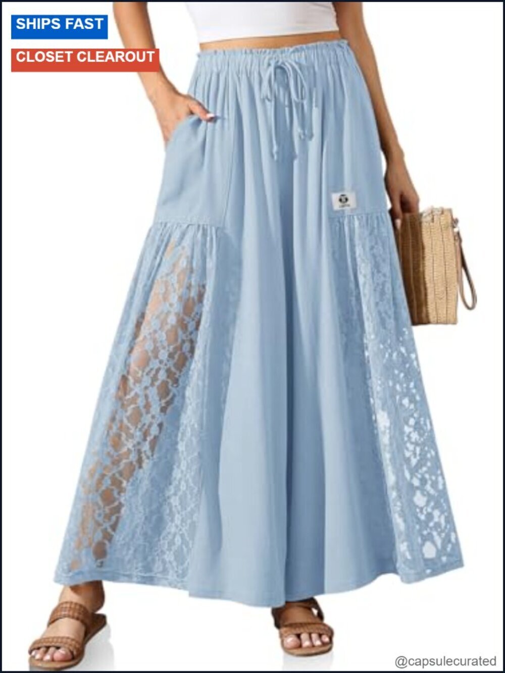 Linen Wide Leg Pants Lace Patchwork Boho Elastic Waist Palazzo Pockets